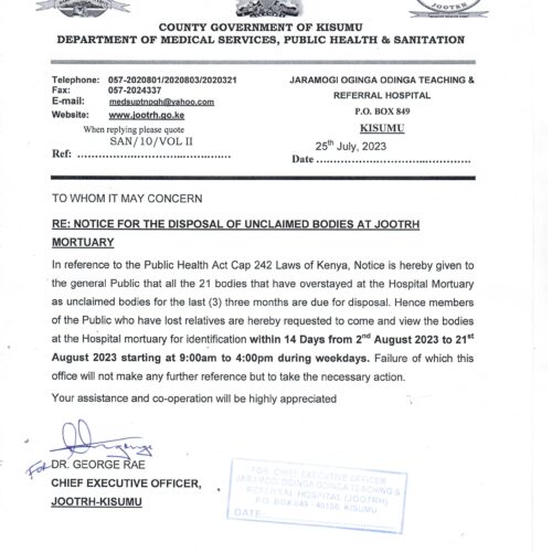 NOTICE FOR THE DISPOSAL OF UNCLAIMED BODIES AT JOOTRH